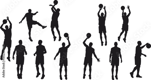 Collection of Black Silhouettes of Basketball Players in Various Poses white background