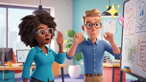 Two animated colleagues discussing ideas in a modern office, with charts and colorful decor in the background