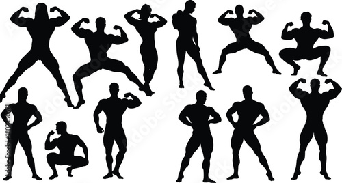 Collection of Black Silhouettes of Muscular Bodybuilders Posing male female