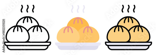 Dumpling Icon Set in Outline, Color & Flat Style