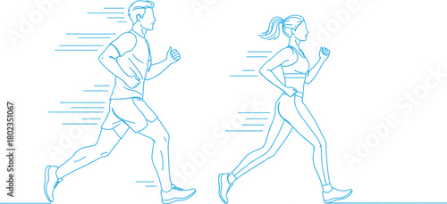 Man and woman running side by side with motion lines jogging fitness