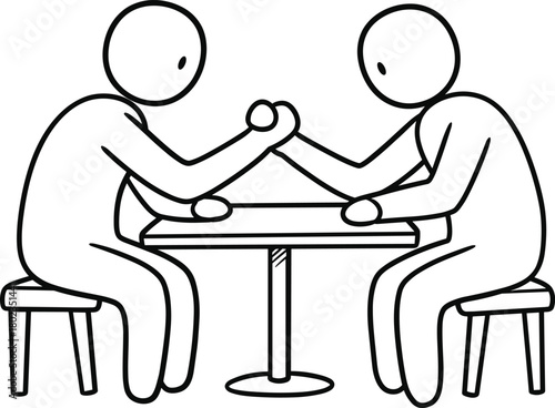 Two stick figures arm wrestling across a table on stools competition strength