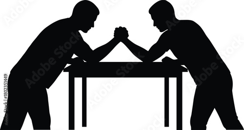 Two men in silhouette arm wrestling across a table competition strength