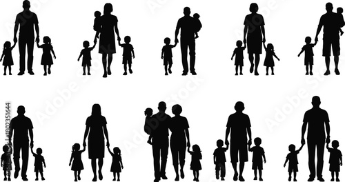 PrintDiverse family silhouettes walking together, symbolizing parenting, unity, childhood, family bonding, loving relationships, supportive parents, community connection, and everyday family lifestyle