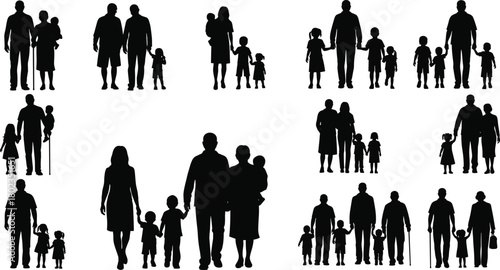 PrintDiverse family silhouettes walking together, symbolizing unity, parenting, childhood, multigenerational support, community bonding, relationship strength, caring parents, loving families
