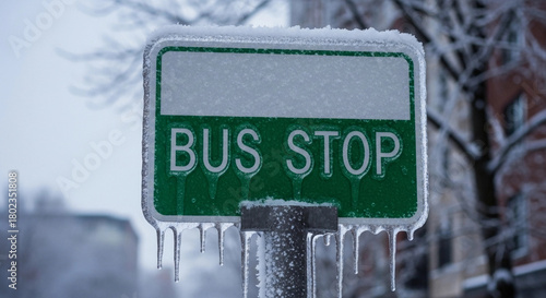 A green bus stop sign covered in ice and snow. The background features a winter scene with frosted trees and buildings.