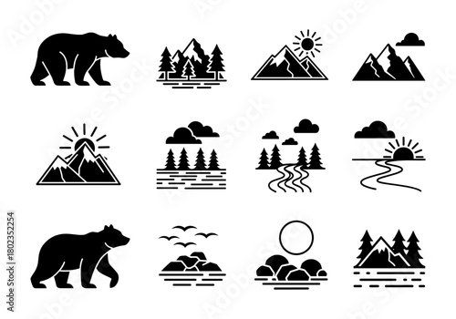 Nature silhouettes: bears, mountains, lakes, trees, and sun in minimalist black style