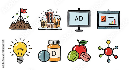Colorful hand-drawn icons featuring nature, technology, and science concepts