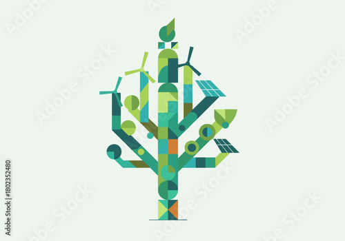 Sustainable energy tree: geometric design with eco-friendly icons and green technology symbols