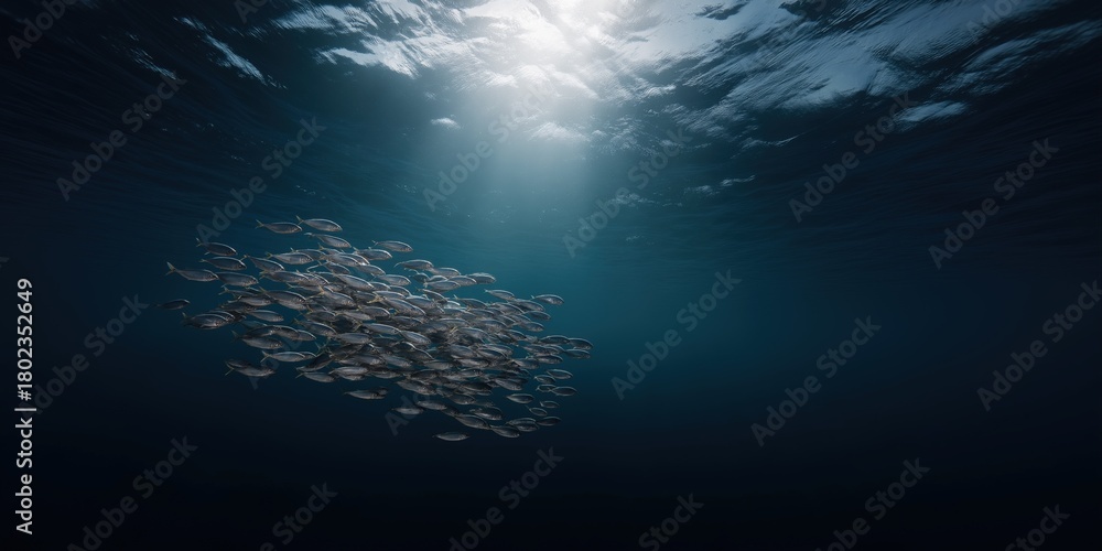 Naklejka premium Underwater view of fish school in ocean sunlight