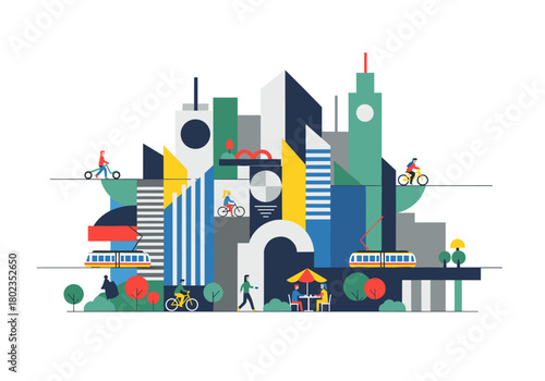 Vibrant urban landscape with cyclists and public transport in minimalist flat design