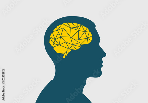 Geometric brain outline in human profile silhouette on white background