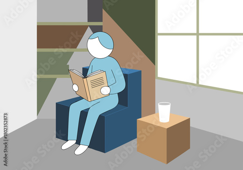 Minimalist interior with person reading book in modern geometric room