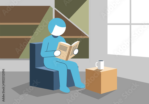 Minimalist scene of person reading in modern interior setting with geometric background