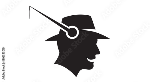 Silhouette of a man wearing a hat with a fishing line, representing thought and pursuit