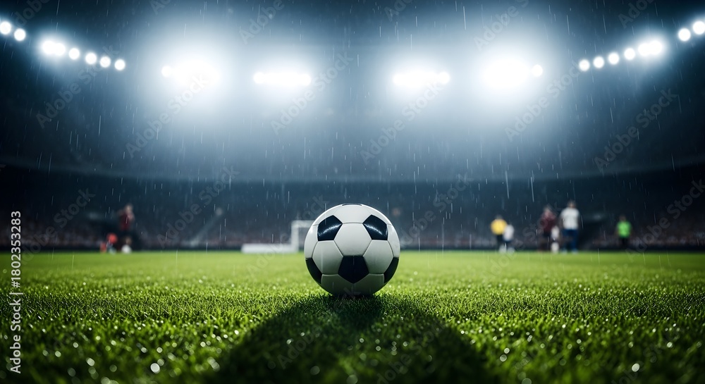 Fototapeta premium Soccer ball centered on wet green grass field under stadium lights during heavy rain at night game.