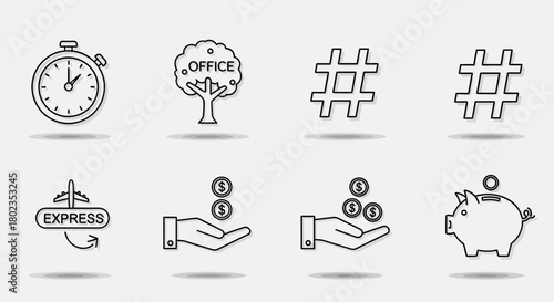 Minimalistic financial and time management icons with business symbols