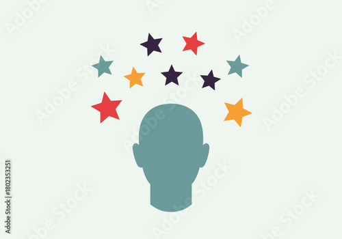Creative thinking concept with colorful stars and human head silhouette