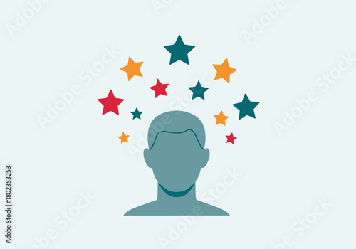 Creative mindset: abstract human silhouette with colorful stars symbolizing ideas and imagination