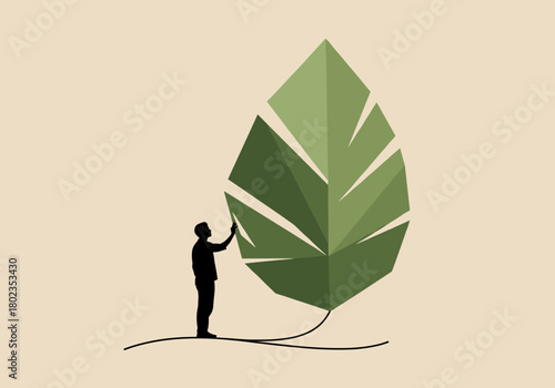 Giant geometric leaf with silhouette person: modern nature and environmental concept art