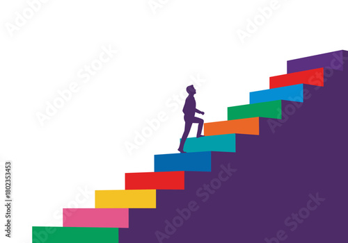 Colorful stairway to success with silhouette climbing steps