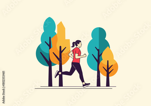 Autumn jogger in minimalistic forest scene with flat design elements
