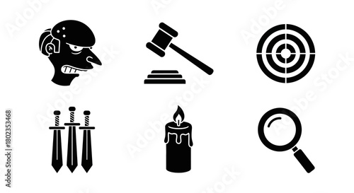 Silhouette icons: courtroom hammer, target, candle, sword, magnifying glass, head