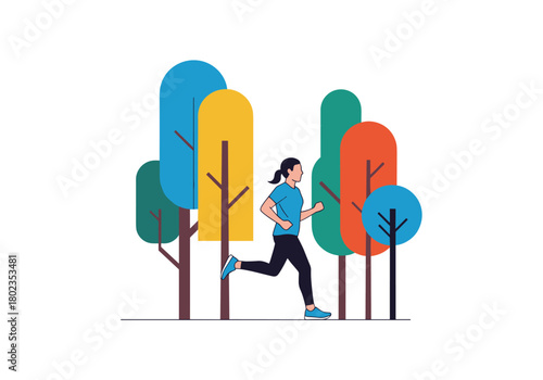 Woman jogging in colorful park with stylized trees in flat design