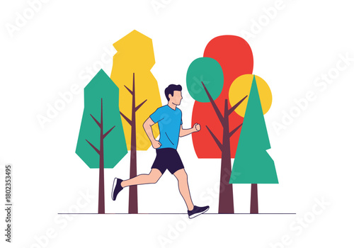 Colorful minimalist forest with jogging man in flat design