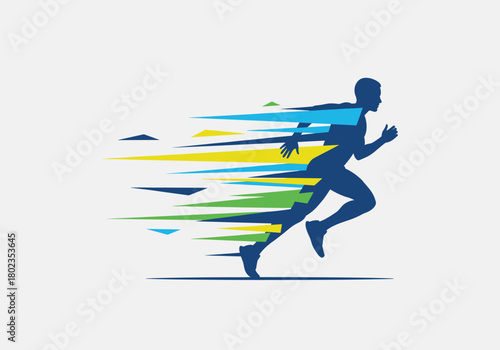 Dynamic abstract runner in motion with vibrant geometric shapes