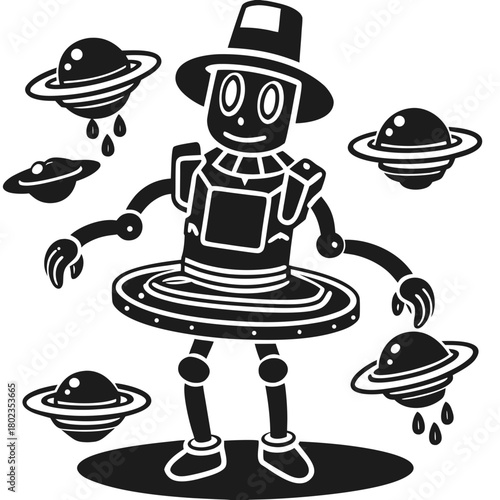 Smiling cartoon robot with top hat, ring skirt, and many ufos