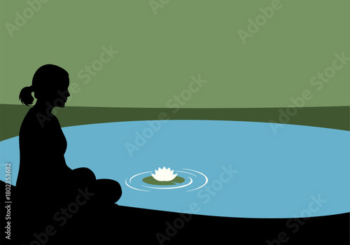 Silhouette meditation by a lotus pond with calm natural scenery