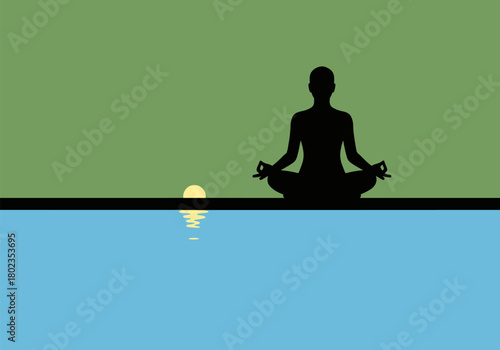 Tranquil sunrise meditation silhouette by water reflection in minimalist design