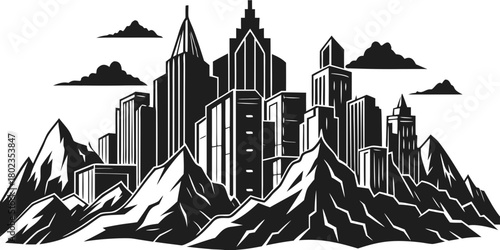 Graphic vector art of a bustling city skyline on rugged mountains