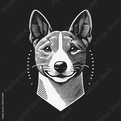 Monochrome Basenji Dog Head Engraving Illustration.