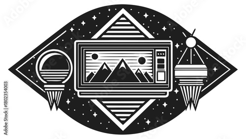 Cosmic vista on old television screen with retro sci-fi art emblem