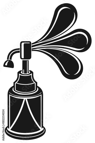 Black and white vintage style perfume atomizer spraying scent