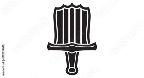 Black and white stylized sword icon with decorative elements on a clean white background, digital design