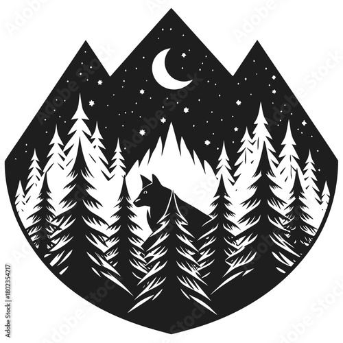 Stylized wolf in a forest at night with moon and stars vector