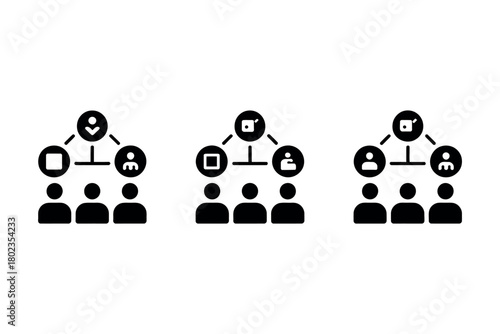 Three organizational charts showing different team structures and hierarchies.