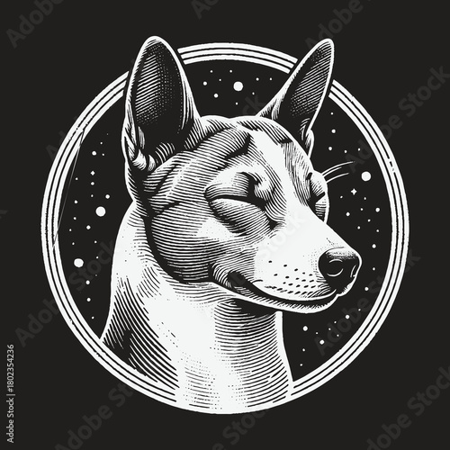 Serene Dog Portrait in a Cosmic Circle Illustration.