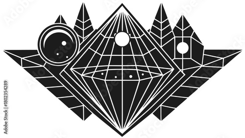 Abstract cosmic geometric emblem with diamond and celestial elements.