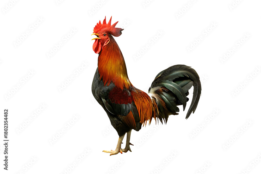 Fototapeta premium Rooster Crowing with Open Beak and Red Comb on chicken bird isolated on a transparent background
