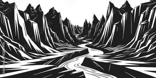 Stylized black and white river winding through dramatic canyon