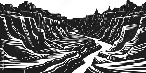 Striking graphic illustration of a grand canyon with winding river
