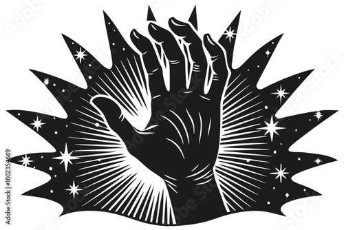 Mystical hand radiating cosmic stars for spiritual and occult