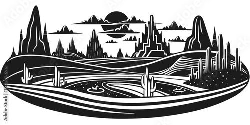 Stylized desert landscape illustration with abstract mountains scene