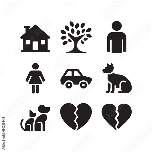 Basic Life Elements Vector Icon Set: Home, Family, Transportation, and Relationships