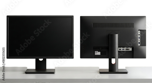 Two identical computer monitors displayed side by side with one showing the front and the other the back