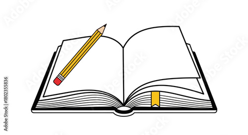 Open book with pencil and bookmark in flat style for education and writing concepts